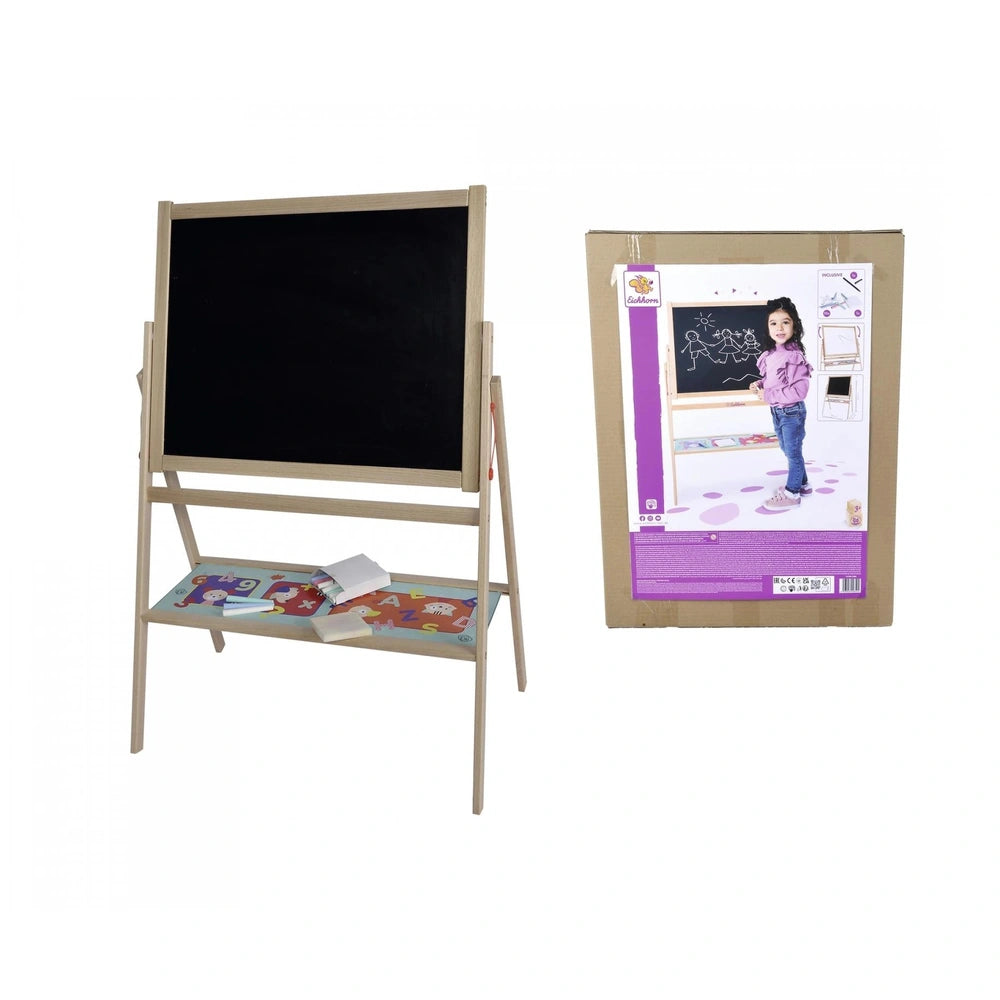 Eichhorn standing blackboard with chalks, featuring a wooden easel and educational designs for creative learning.