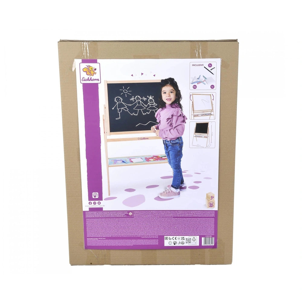 Eichhorn standing blackboard box featuring a girl drawing a family, includes chalks, vibrant purple and white design.