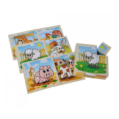 Eichhorn Wooden Block Puzzle Farm features colorful farm animal pieces, including a pig, cow, sheep, chicken, duck, and goat.