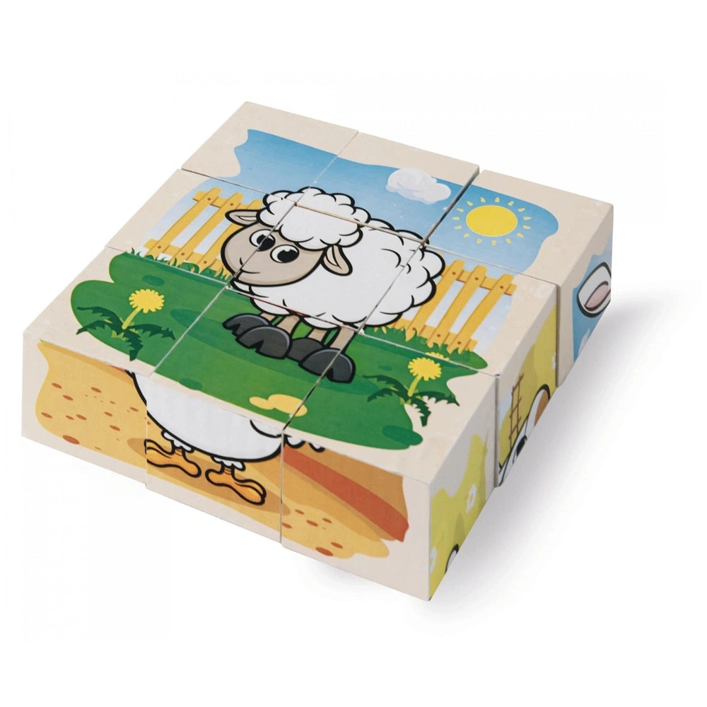 Eichhorn wooden block puzzle features a colorful farm scene with a sheep, grass, and a sun against a white background.