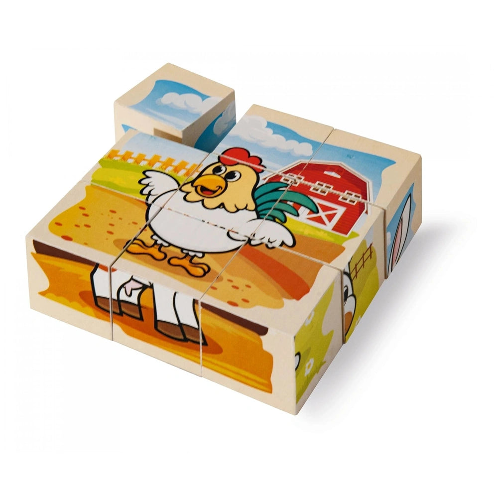 Eichhorn Wooden Block Puzzle Farm features a colorful chicken and barn design with interlocking wooden pieces.