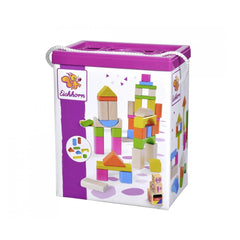Eichhorn wooden blocks set with 60 colorful pieces in a purple box featuring a cartoon squirrel and a clear lid for visibilit
