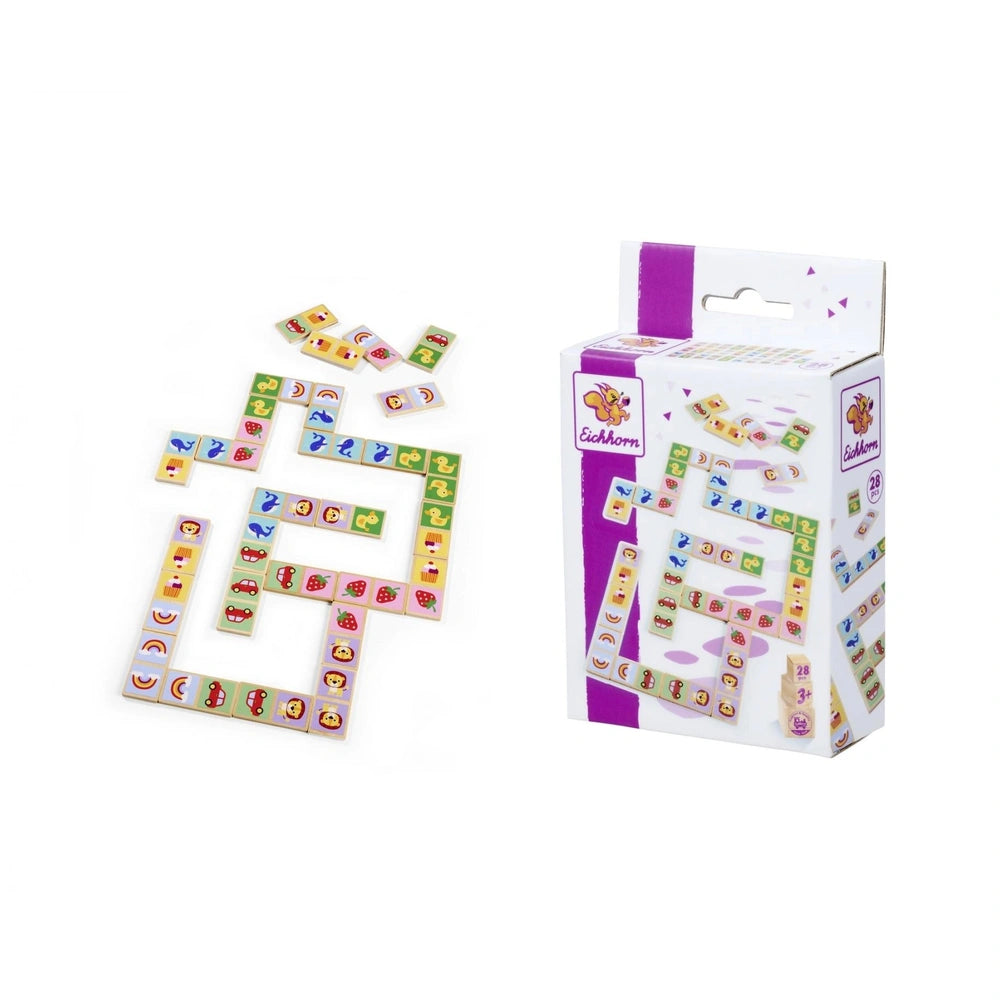 Eichhorn Wooden Domino Game with colorful tiles in various shapes, designs on a plain white background.