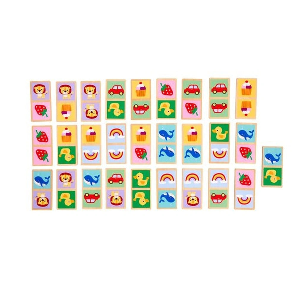 Eichhorn Wooden Domino Game featuring colorful cards with simple, child-friendly illustrations in pastel colors.