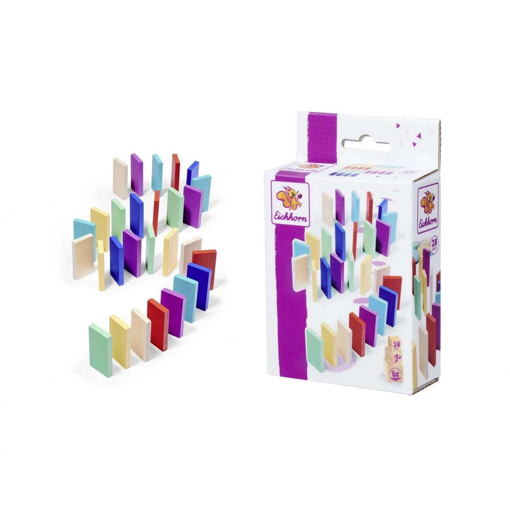 Eichhorn Wooden Domino Ralley features colorful wooden blocks for creative play, with a boxed set of 28 additional blocks.
