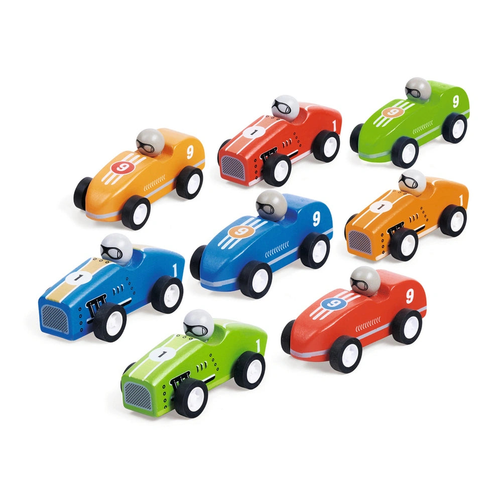 Eichhorn Wooden F1 Car set featuring six colorful toy cars with unique designs against a white background.