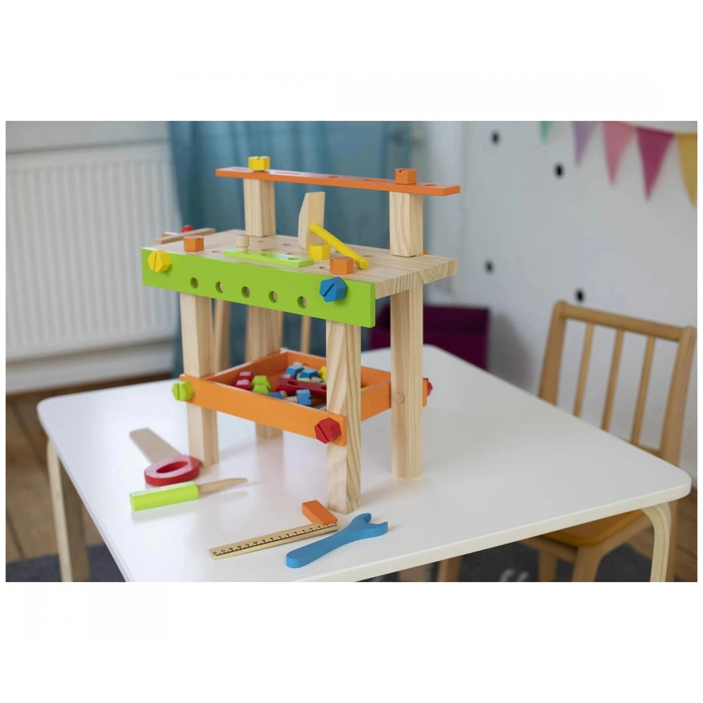 Eichhorn Work Bench features a vibrant modular wooden toy with tools, promoting creative role play and construction fun.