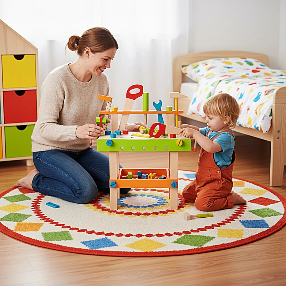 Eichhorn workbench with a child using a wooden hammer, engaging in role play alongside a smiling adult, bright playroom setti