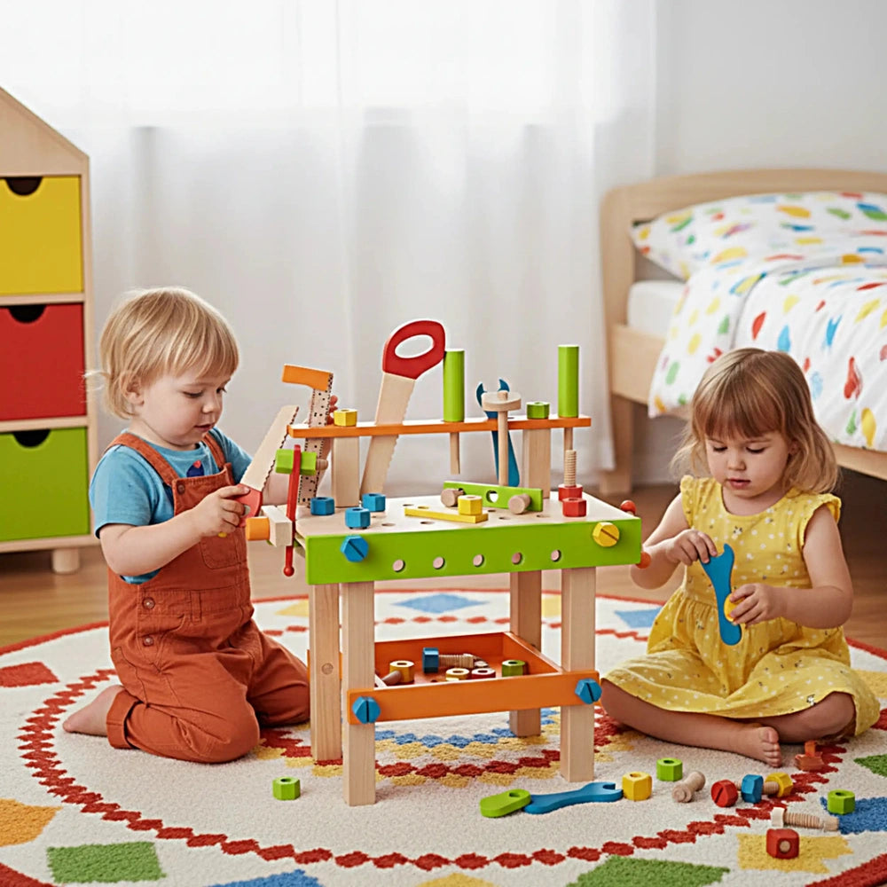 Eichhorn workbench with children playing, featuring colorful tools on a geometric rug in a bright, airy room.