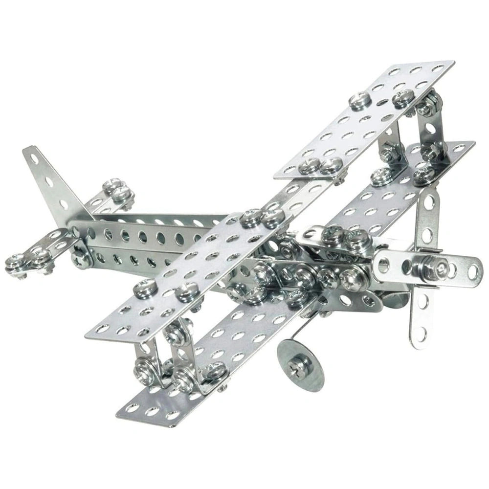 Eitech biplane propeller plane construction set with shiny metallic alloy and perforated pattern in silver-gray color.