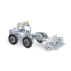 Eitech Bulldozer construction set toy features detailed components like wheels, headlights, and a toolbox in a front view lay