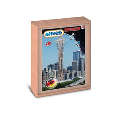 Eitech Deluxe Space Needle construction set packaging features a tall building image, matte cardboard, and clear plastic wind