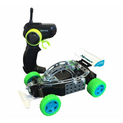 Eitech remote-controlled speed race car features a black body, green rubber wheels, silver frame, and a clear front cover.
