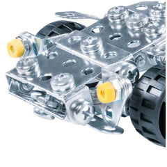 Eitech Speed Racer construction set features a shiny metal frame and three yellow plastic wheels arranged centrally.