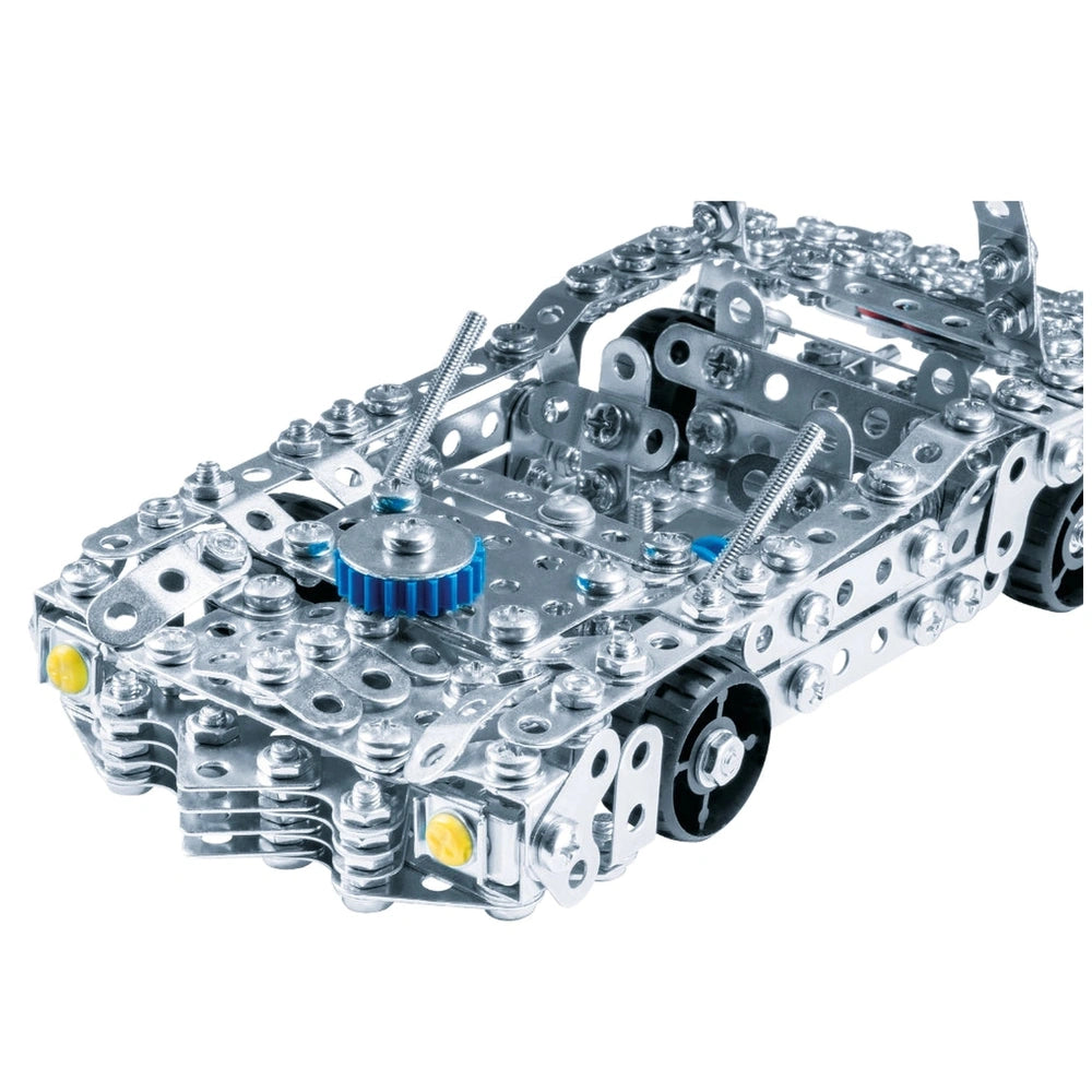 Eitech Speed Racer construction set features a shiny silver car with black wheels and a blue gear at the center.