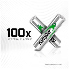Energizer Extreme rechargeable AAA batteries, metallic with green and black labels, placed side by side on a white background