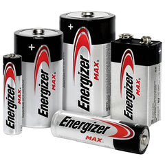 Energizer Max AAA batteries in red and black casing with silver terminals, displaying "Energizer MAX" and capacity details.