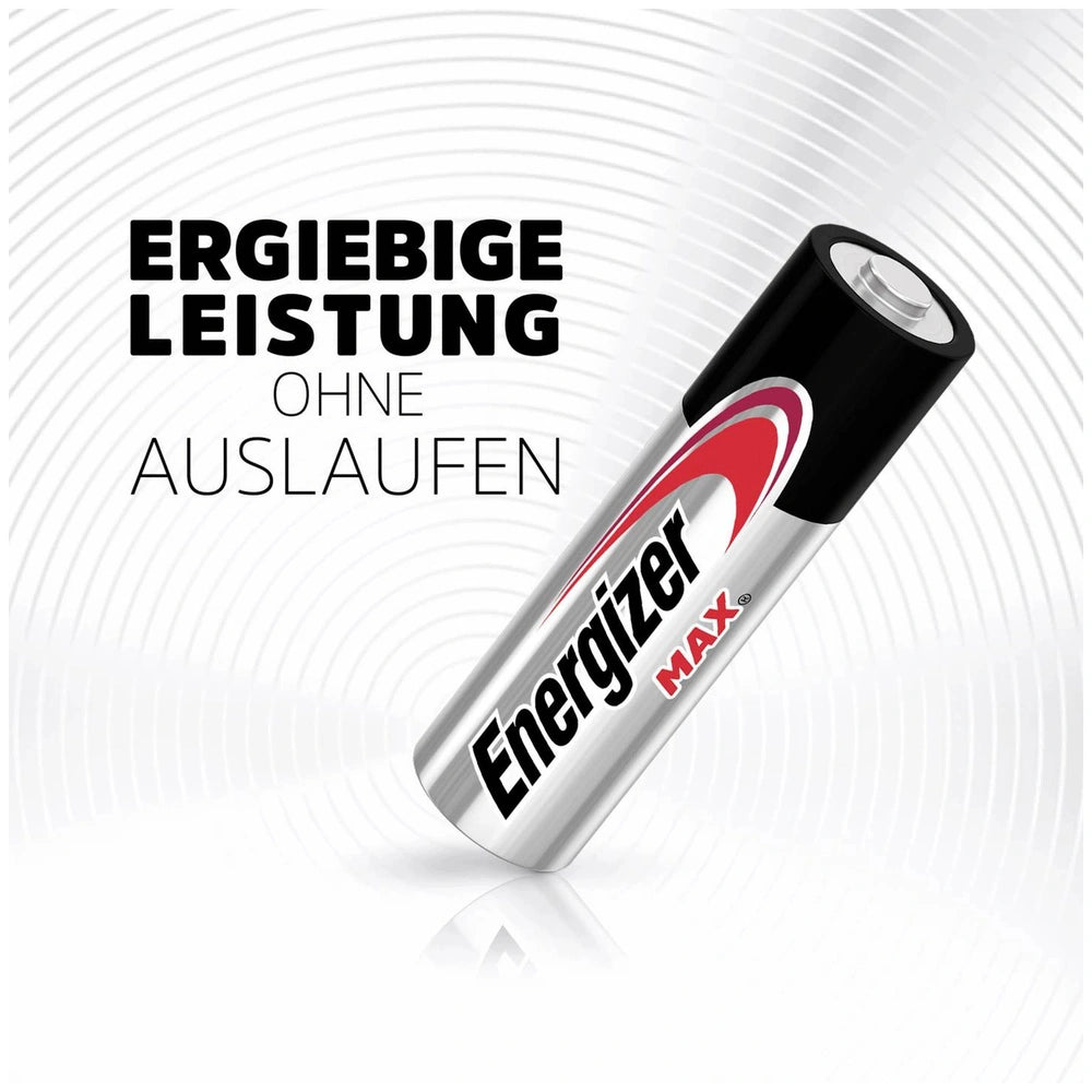 Energizer Max AAA battery with a metallic finish and black cap, featuring bold text "ENERGIZER MAX" centered on the surface.