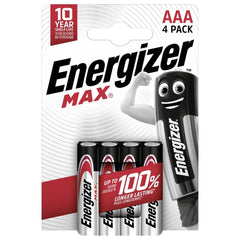 Energizer Max AAA battery retail packaging features glossy material, white background with red stripe, and smiling battery de