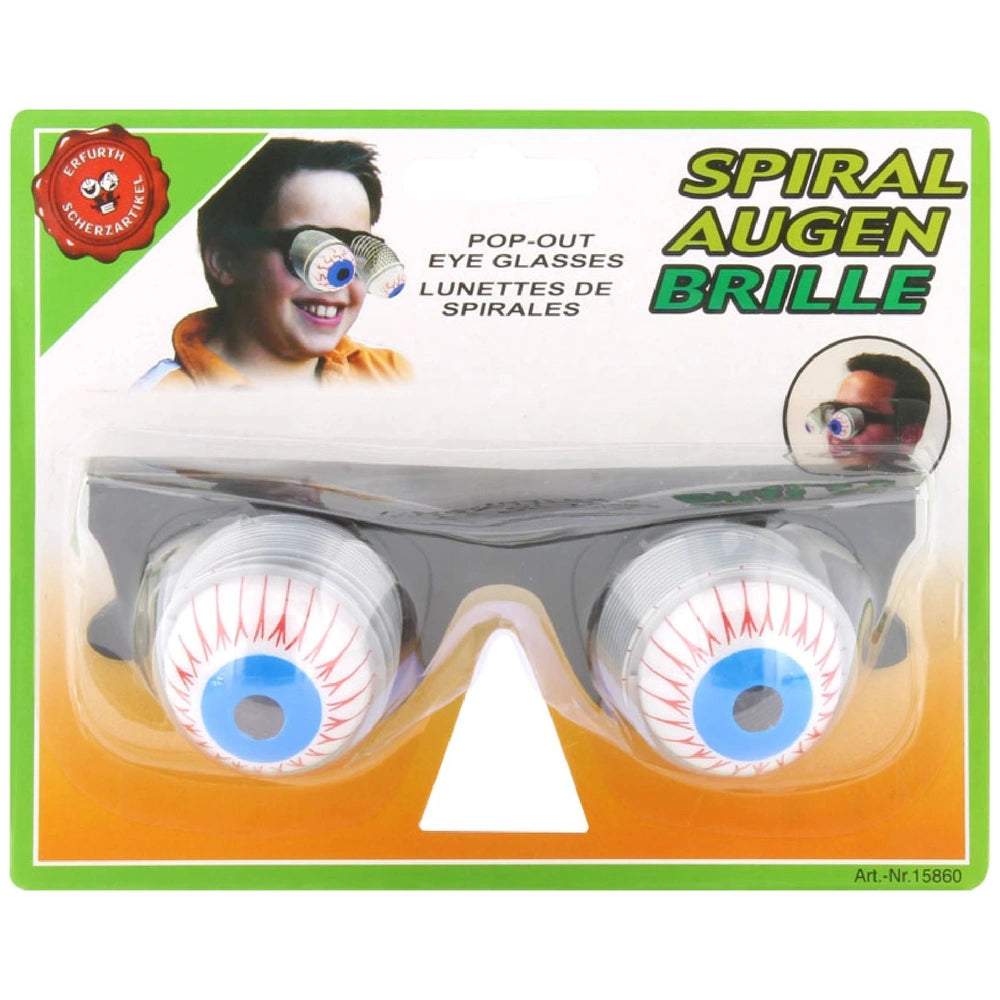 Erfurth funny glasses with blue and white striped eye lenses in retail packaging featuring green and yellow text.