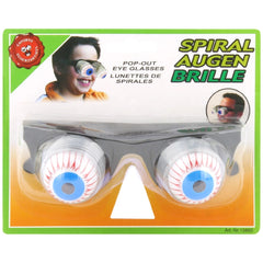 Erfurth funny glasses with blue and white striped eye lenses in retail packaging featuring green and yellow text.