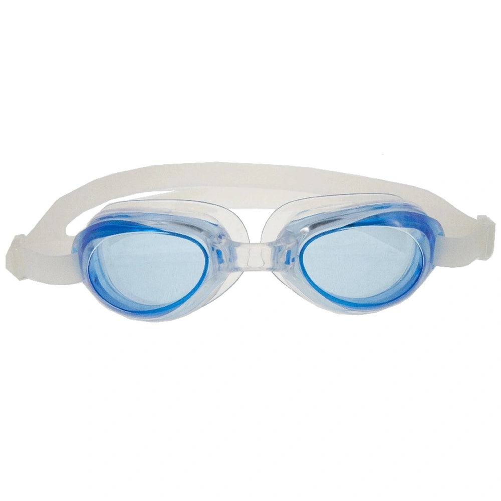 Freestyle Junior allergy-free silicone swimming goggles featuring clear plastic and blue lenses designed for ages 7 to 14.