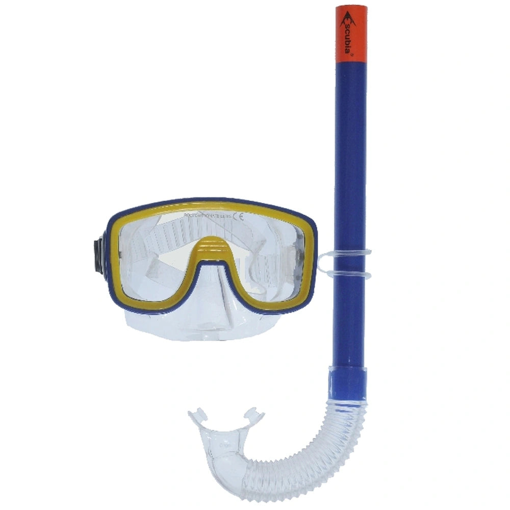 Yellow and blue Escubia Joker Junior diving mask with glossy lenses, flexible blue strap, and white hose for ages 7-14.