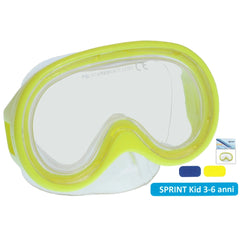 Escubia Sprint Kid allergy-free PVC diving mask with a yellow frame and blue components for ages 3-6.