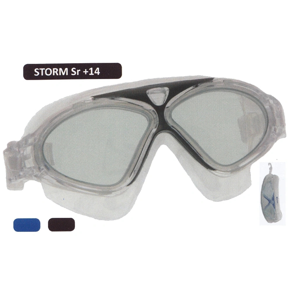 Escubia Storm Senior Allergy Free Silicon Swimming Goggles feature a black plastic frame, clear lenses, and a blue tag labele