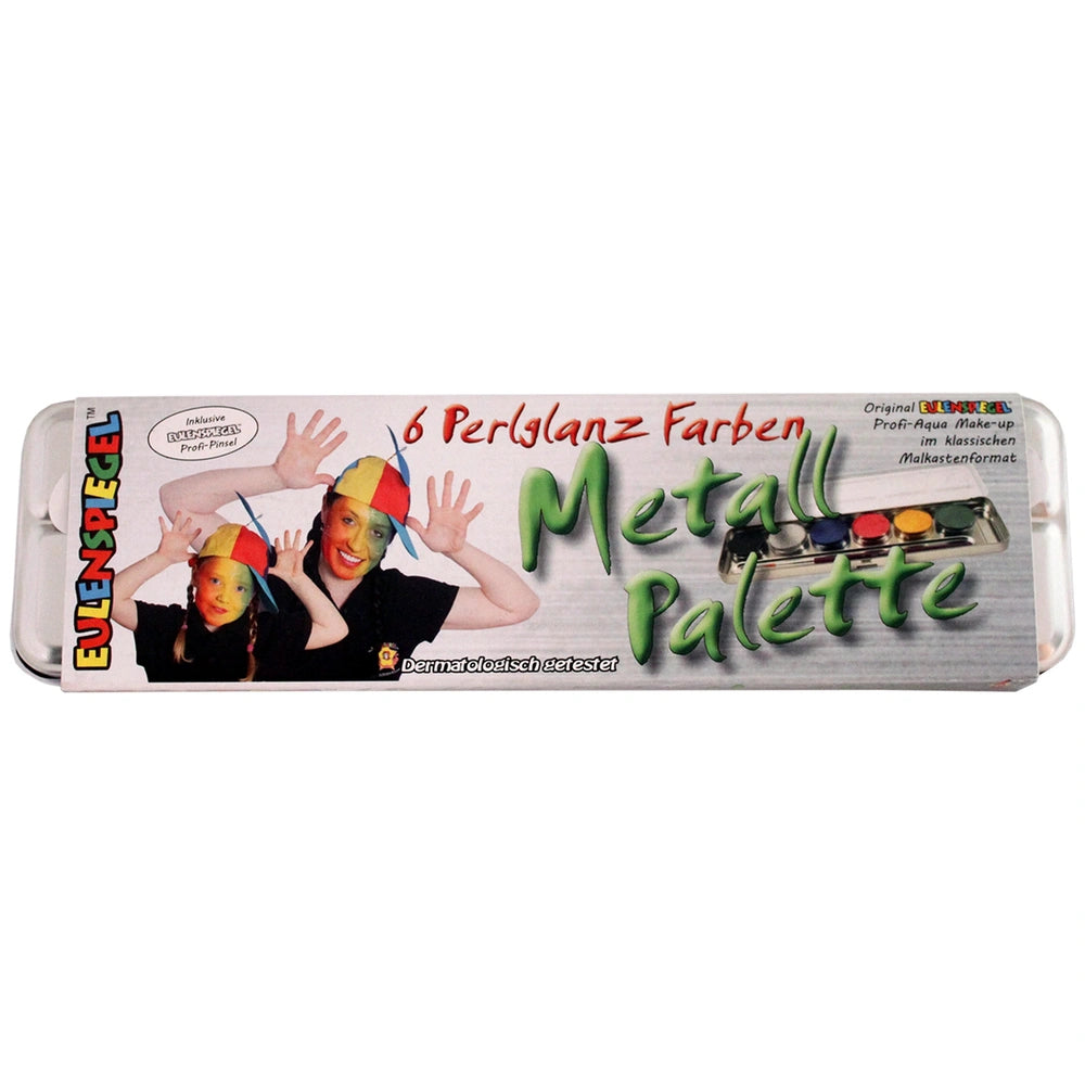 EULENSPIEGEL 6 Pearlescent Colors Metal Palette with Brush, glossy packaging featuring colorful imagery and matte text.