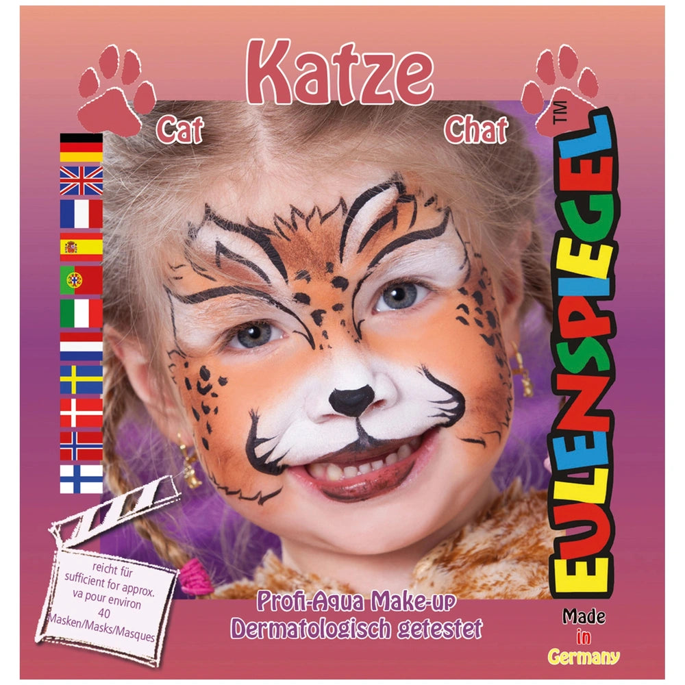 Cat Makeup Set featuring a young girl with blonde hair in costume, face painted orange and black, with colorful packaging tex