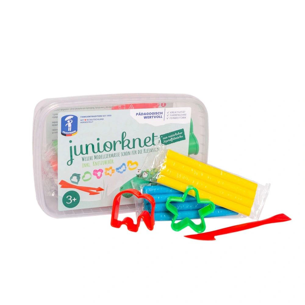 Feuchtmann Basic Modelling Dough Junior Box with 8 colorful plastic components in a transparent packaging featuring printed g