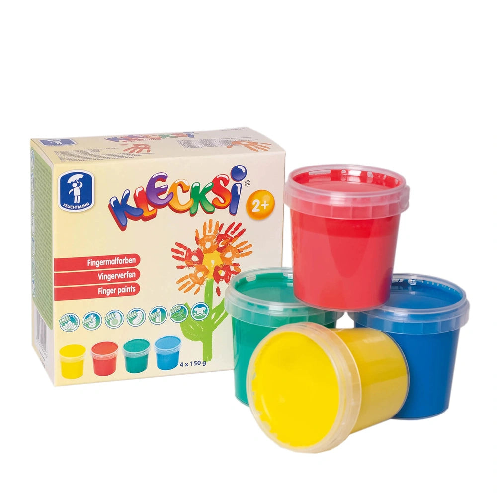 Feuchtmann Klecksi Basic Mini Finger Paints pack features four plastic containers in yellow, red, blue, and green, in a print