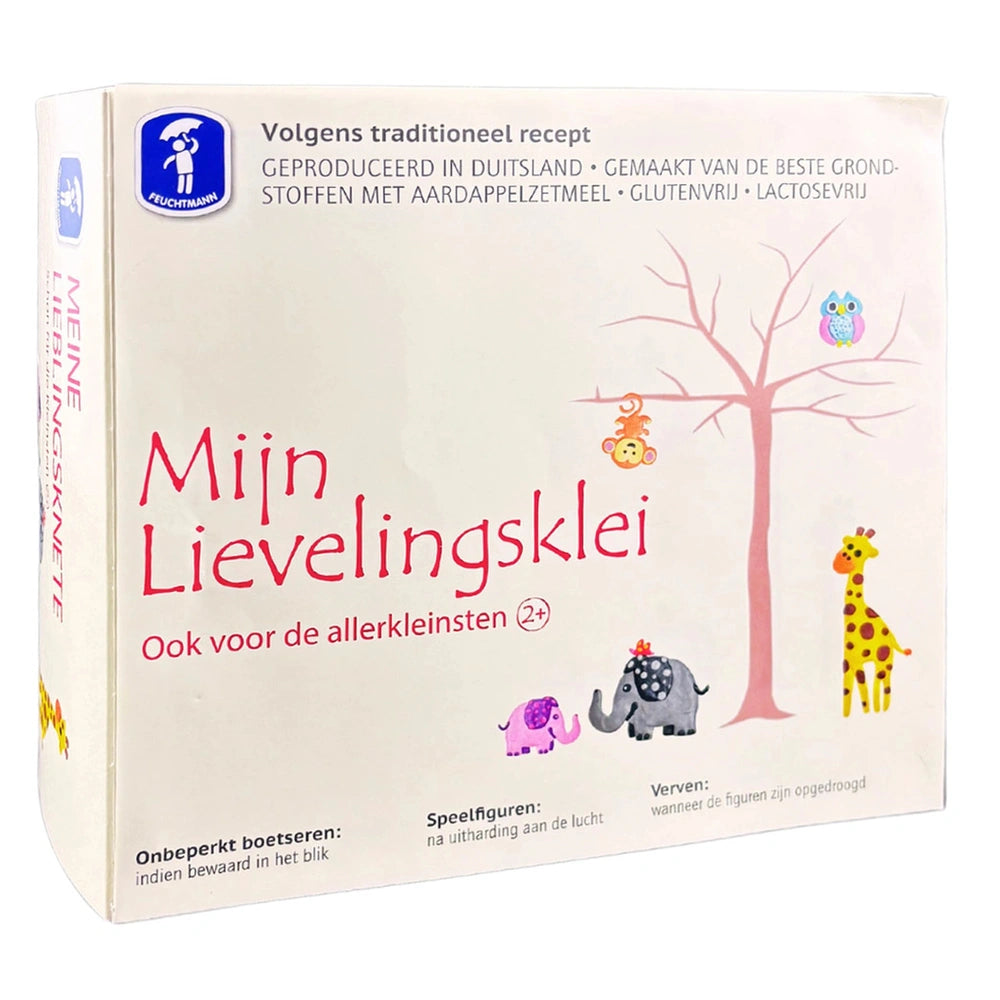 Feuchtmann My Favorite Clay 4 X 150 Gr Pack with animal designs, featuring red text and colorful graphics on cardboard packag