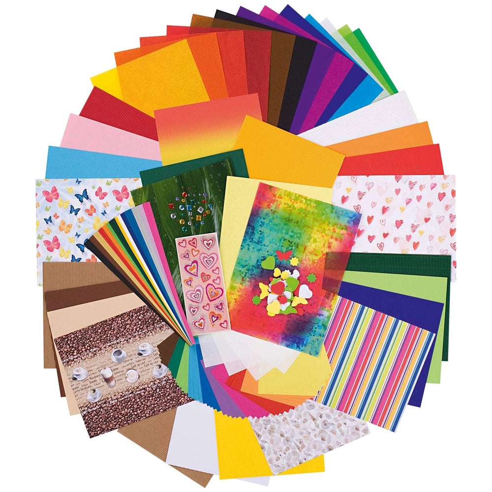 Folia Creative Box featuring 322 multi-colored sheets of paper and cardstock with various patterns including butterflies and 