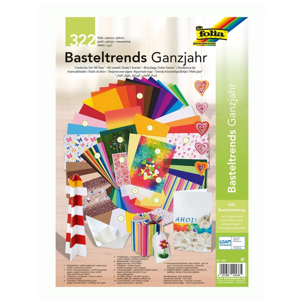 Folia Creative Box with 322 multi-colored sheets in cardboard packaging, featuring vibrant colors and various crafting materi