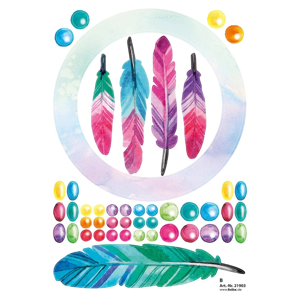 Folia Dreamcatcher Set Ethno Kids features colorful feathers in blue, pink, and purple, with assorted beads on a gradient bac