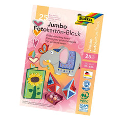 Folia Jumbo Fotokarton Block 24x34 cm, 300 gr, multi-coloured sheets with black text on a gradient yellow-pink background.