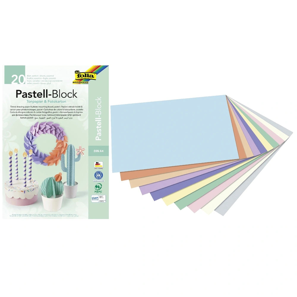 Folia pastel block A4 pack with 20 multi-colored sheets in matte cardboard and a glossy plastic window on a blue background.