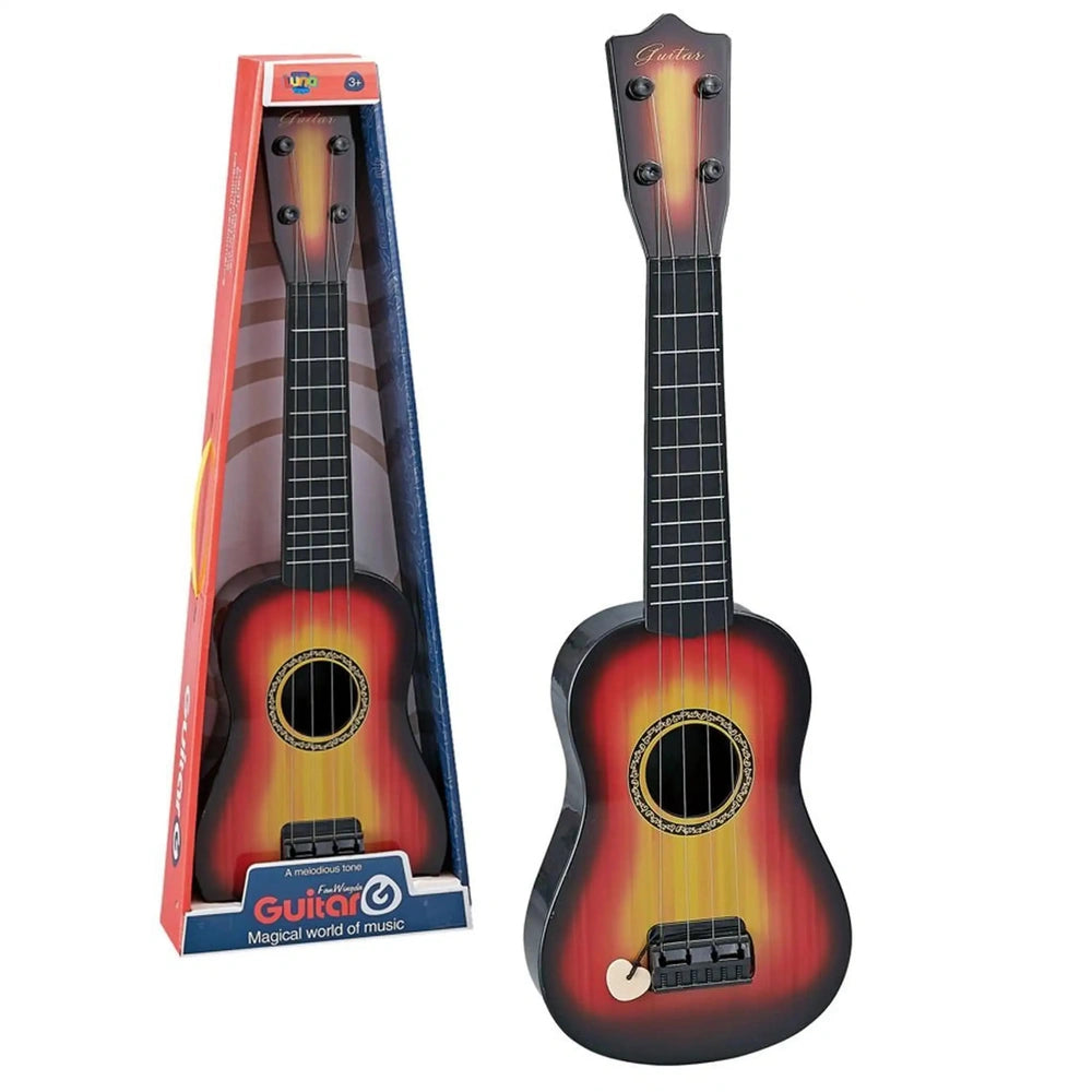 Ginmar children's acoustic guitar with glossy red body, black neck, metal strings, and wooden fretboard, centered view.