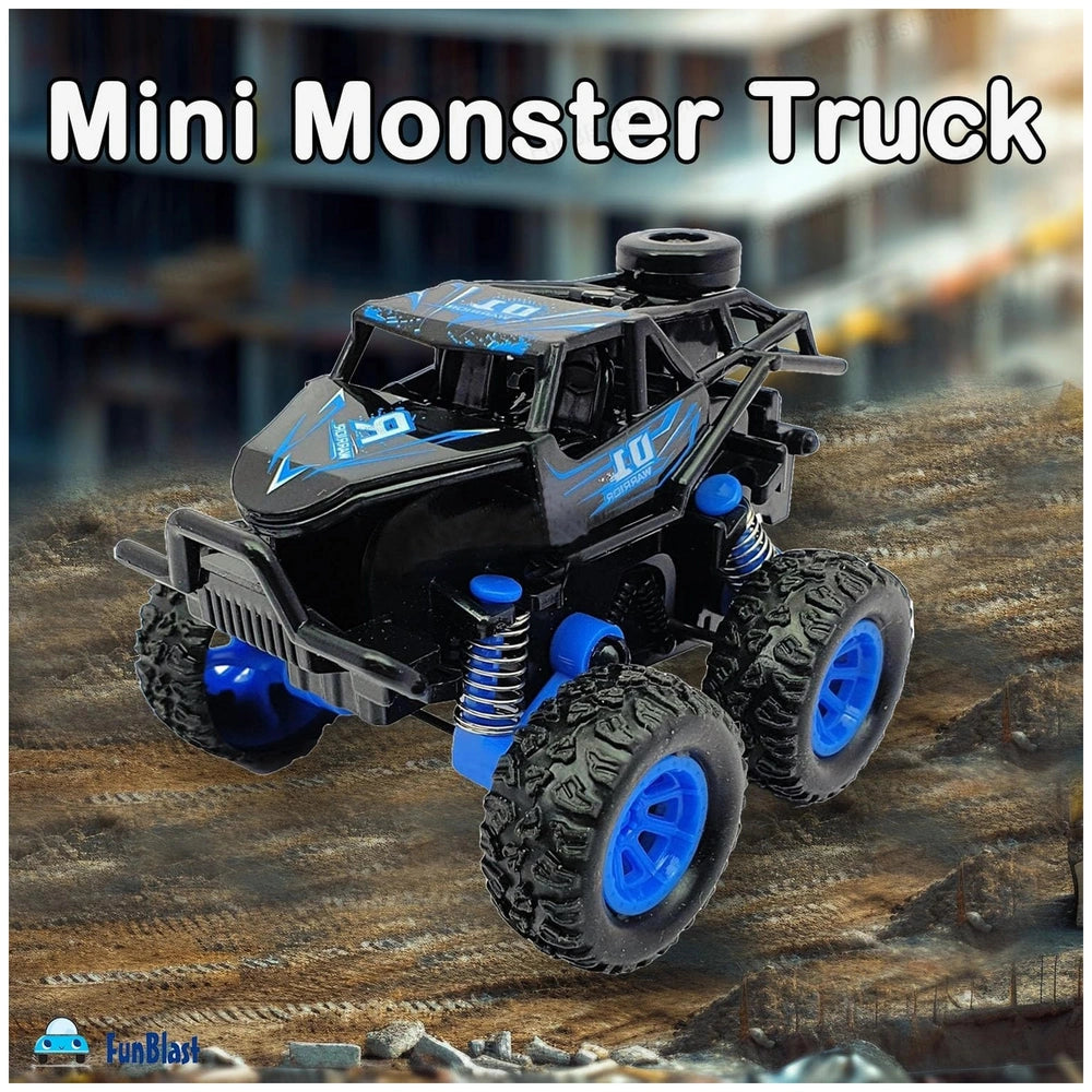 Dinosaur-themed Ginmar monster truck in blue and black, featuring pull-back action, on a dirt road with "Mini Monster Truck" 