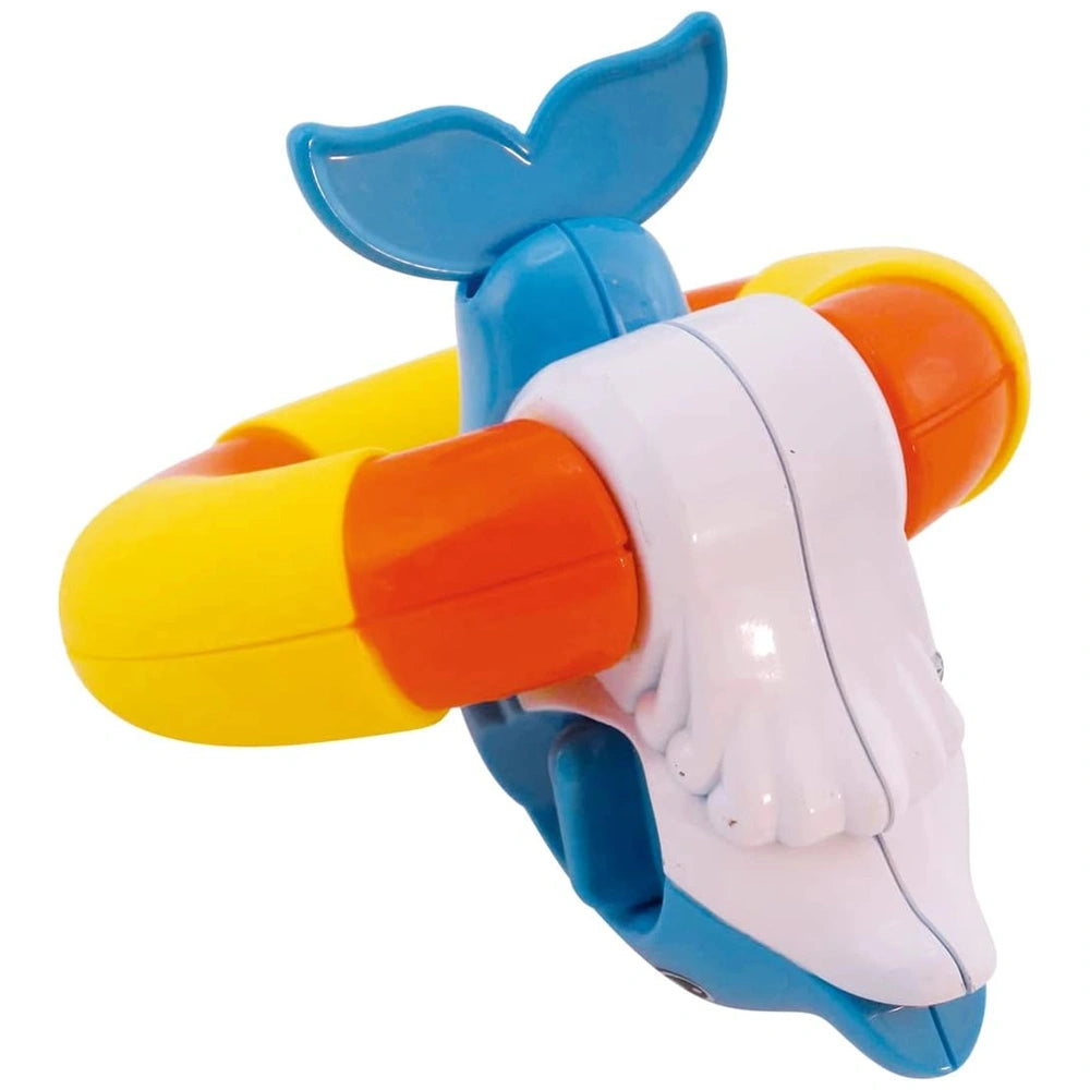 Ginmar Happy Ring features a glossy yellow and blue dolphin toy with cartoonish facial details and a large blue fin.