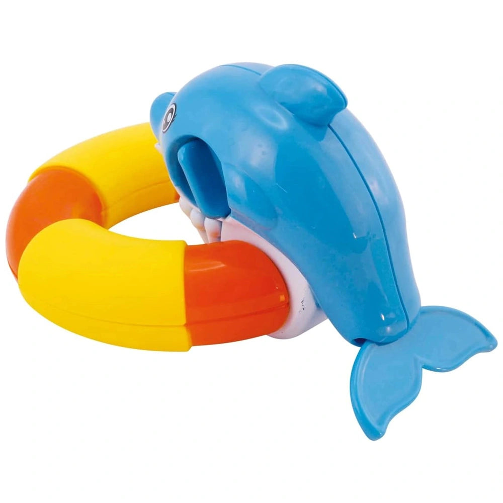 Ginmar Happy Ring features a blue dolphin with a yellow and orange ring around its neck and a blue fin, made of plastic.