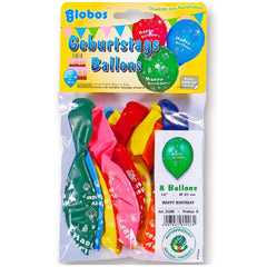 Happy Birthday balloons in shiny metallic colors, including green, pink, red, yellow, and blue, packed in retail packaging.