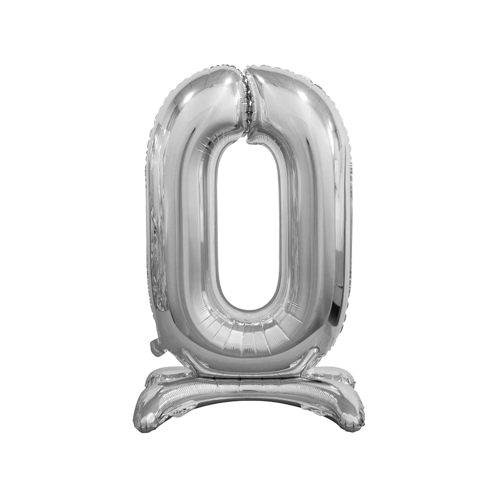 Silver standing foil balloon shaped like the number zero, made of shiny metallic material, 40 cm tall.