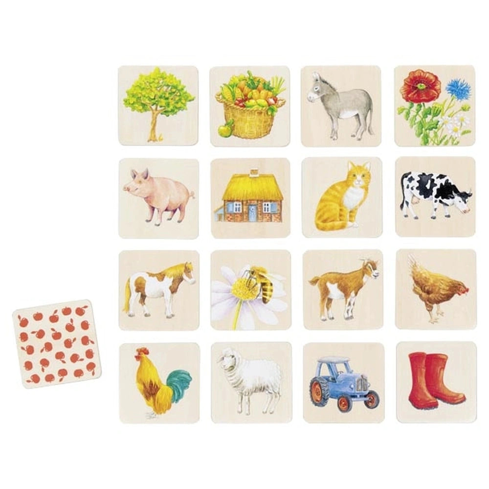GOKI Memo In the Countryside card game features colorful coasters depicting farm animals and objects on a matte finish.