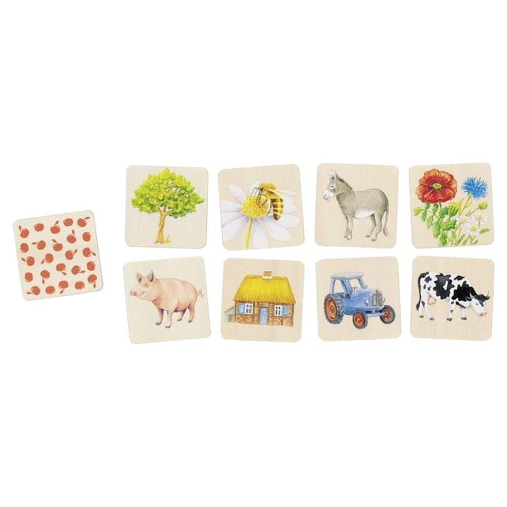 GOKI Memo In the Countryside card game features colorful square cards with animal and plant illustrations on a white backgrou