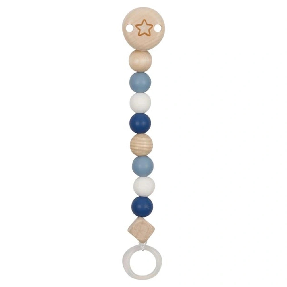 GOKI Soother Chain Star features colorful wooden and plastic beads with a metal ring, ideal for baby activity and engagement.