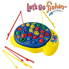 Goliath Let's Go Fishing game features a blue center, yellow base, colorful fish, and a multi-colored fishing rod.