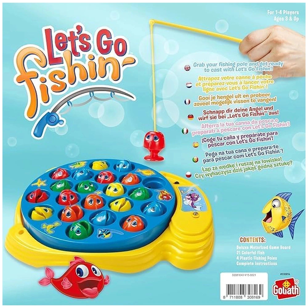 Goliath Let's Go Fishing game packaging features colorful graphics, a fish toy, and details for 1-4 players on a glossy blue 
